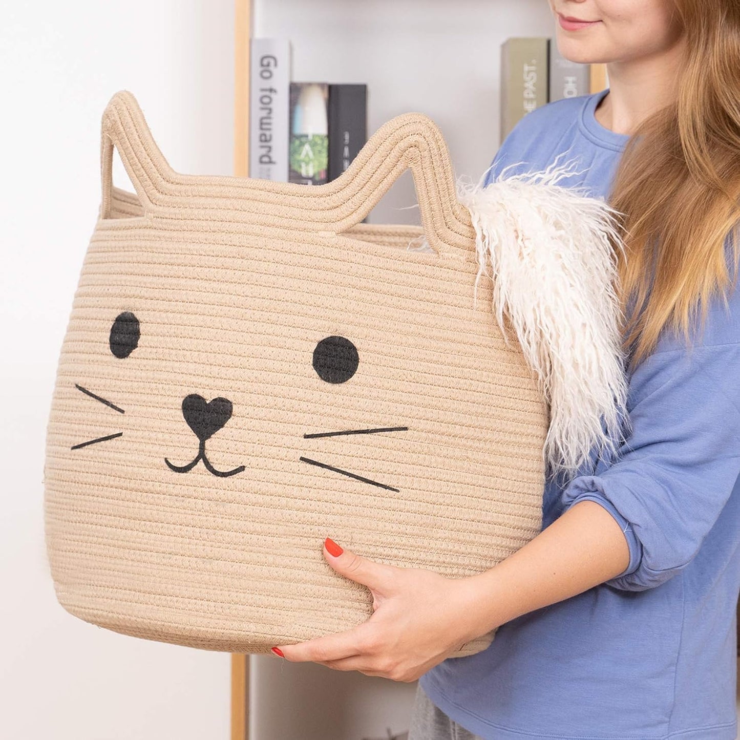 Animal Baskets Large Woven Cotton Rope Storage with Cute Cat Design Laundry Organizer for Towels, Blanket, Toys, Clothes, Gifts – Cat Toy Box Pet or Baby Gift Baskets 15"Lx14H"