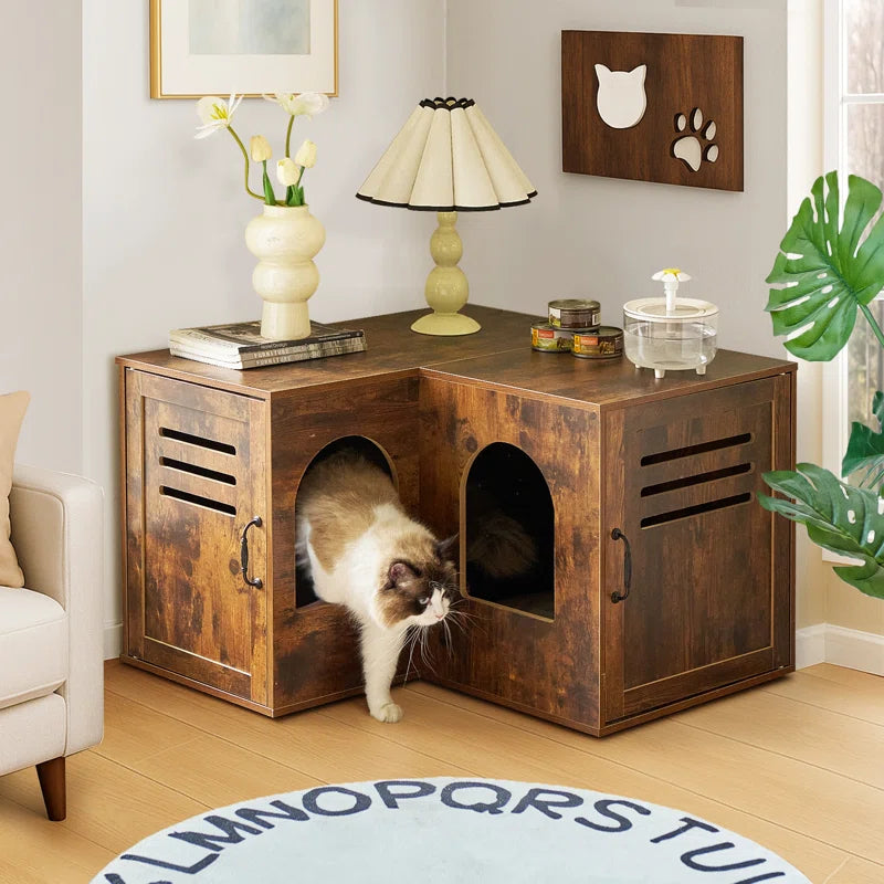 Farmhouse Corner Cat Double Litter Box & Litter Box Cabinet with Double Room & Indoor Cat House End Table & Hidden Cat Litter Box