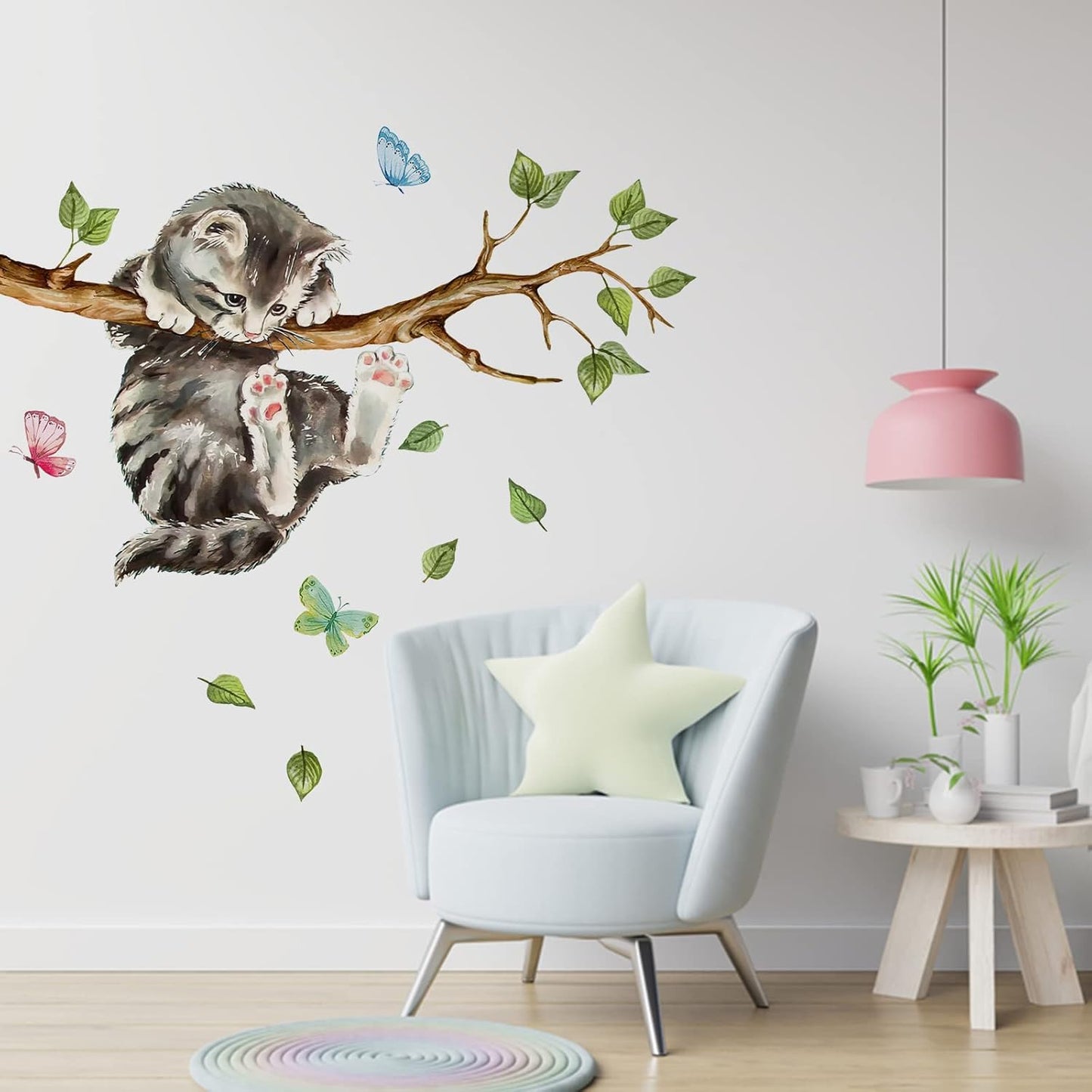 Cat on Tree Branches Wall Decals Stickers, Kitty Animal Nursery Decor, Green Leaves Baby Kids Bedroom Home Decorations Art