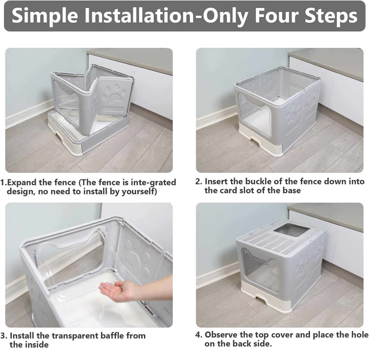 Foldable Cat Litter Box with Lid, Enclosed Potty, Large Top Entry Anti-Splashing Toilet, Easy to Clean Including Litter Scoop and 2-In-1 Cleaning Brush (Grey)