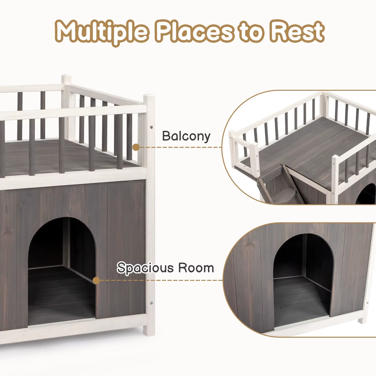 2-Story Wooden Feral Cat House Dog House for Outdoor and Indoor, Pet House with Stairs, Grey & White Large Cage Cat Villa Luxury