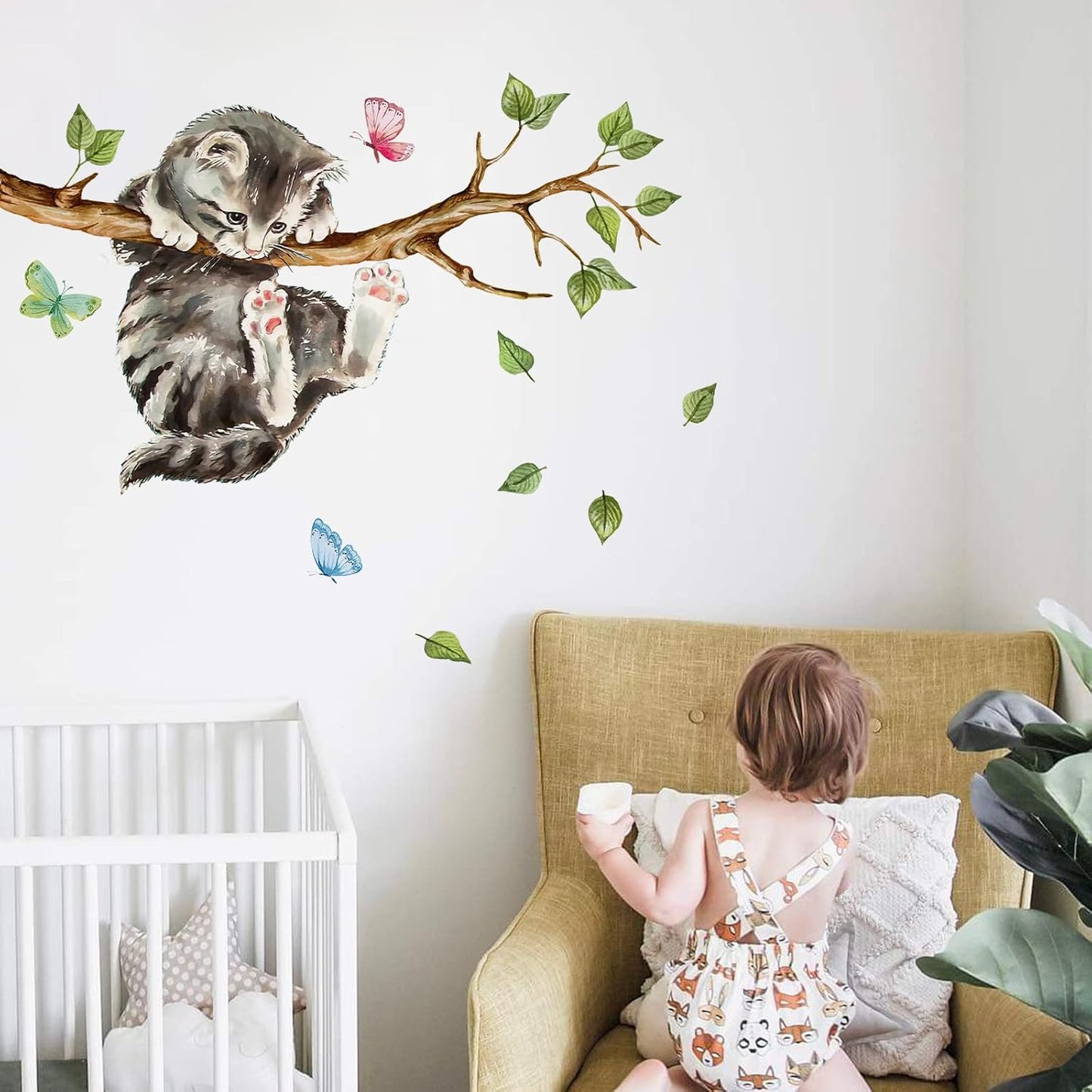 Cat on Tree Branches Wall Decals Stickers, Kitty Animal Nursery Decor, Green Leaves Baby Kids Bedroom Home Decorations Art