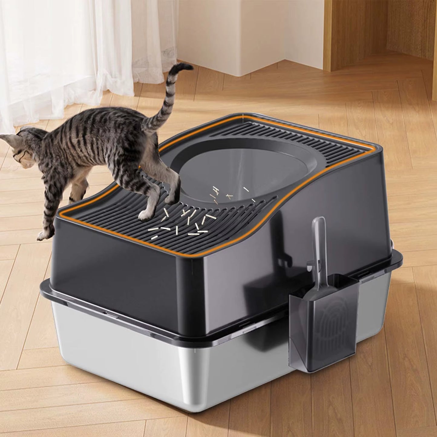 Stainless Steel Litter Box with Lid, Enclosed Litter Box with Cat Litter Mat and Scoop, Extra Large High Sided Cat Litter Trays