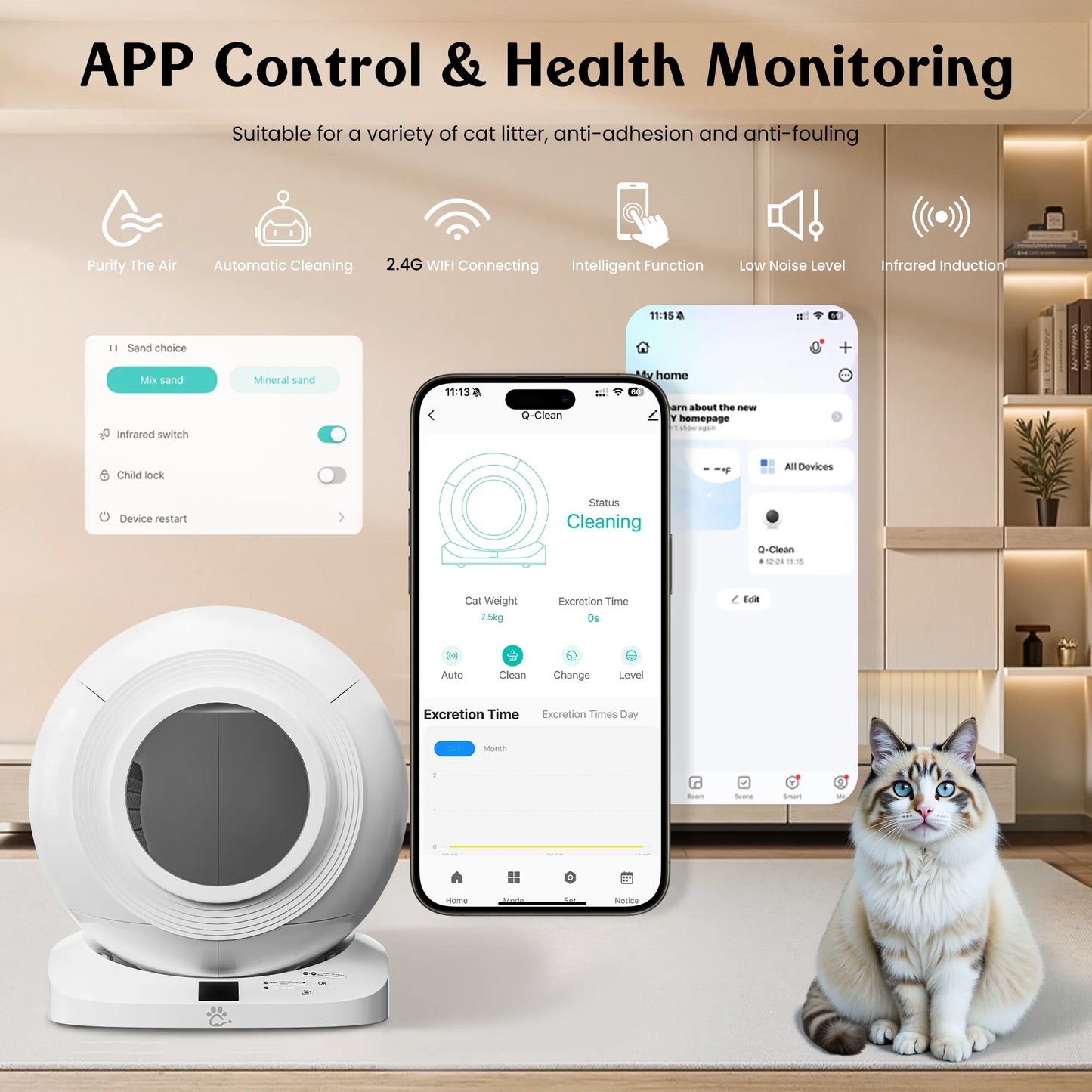 Self Cleaning Cat Litter Box, 65L XL Automatic Litter Box with APP Control, 120° Infrared Sensor Safety Protection & Odor Preventing, Multi-Cat Friendly