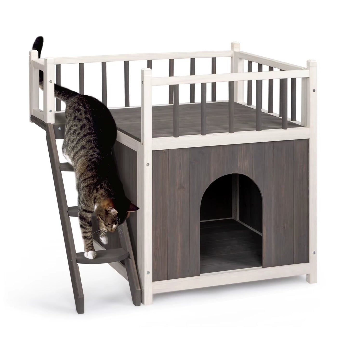 2-Story Wooden Feral Cat House Dog House for Outdoor and Indoor, Pet House with Stairs, Grey & White Large Cage Cat Villa Luxury