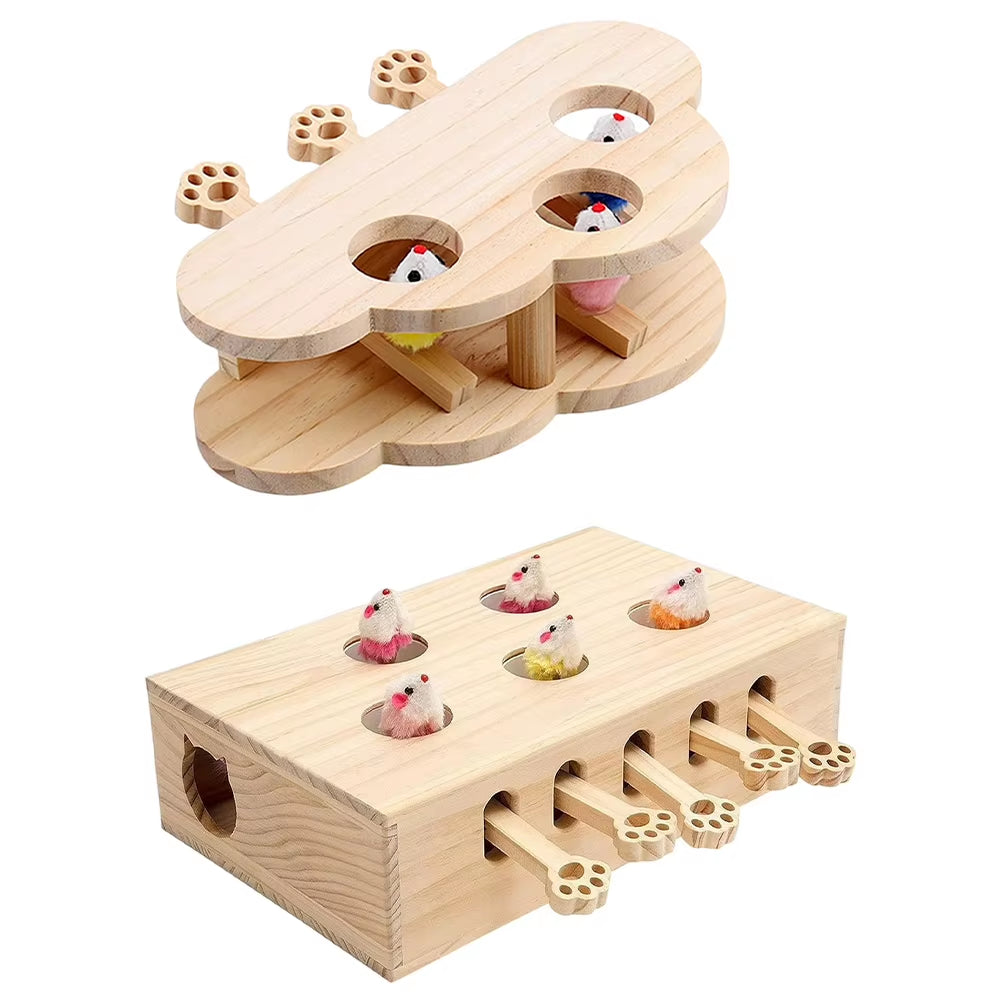 Cats Whack a Mole Game Cat Pop up Toy 3/5-Holed Whack a Mole Cat Toy Funny Solid Wood Cat Toy Interactive Pet Supplies
