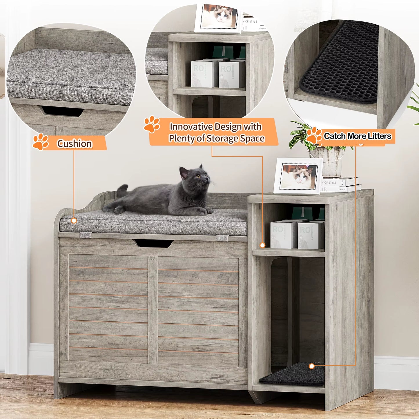 Cat Litter Box Furniture Hidden, Wood Litter Box Enclosure Pet Crate Cat with Cat Scratch Pad Litterbox Furniture Easy Assembly