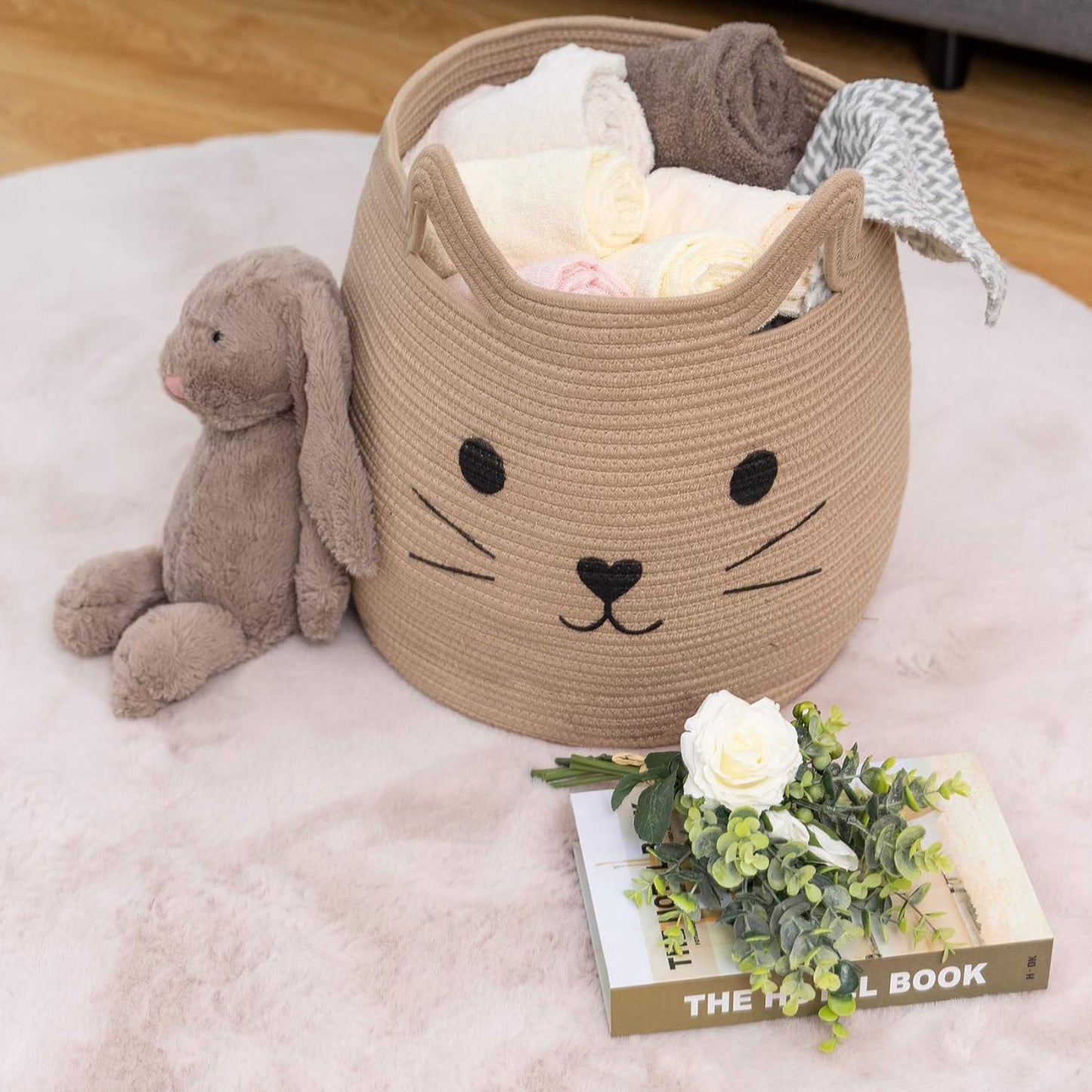 Animal Baskets Large Woven Cotton Rope Storage with Cute Cat Design Laundry Organizer for Towels, Blanket, Toys, Clothes, Gifts – Cat Toy Box Pet or Baby Gift Baskets 15"Lx14H"