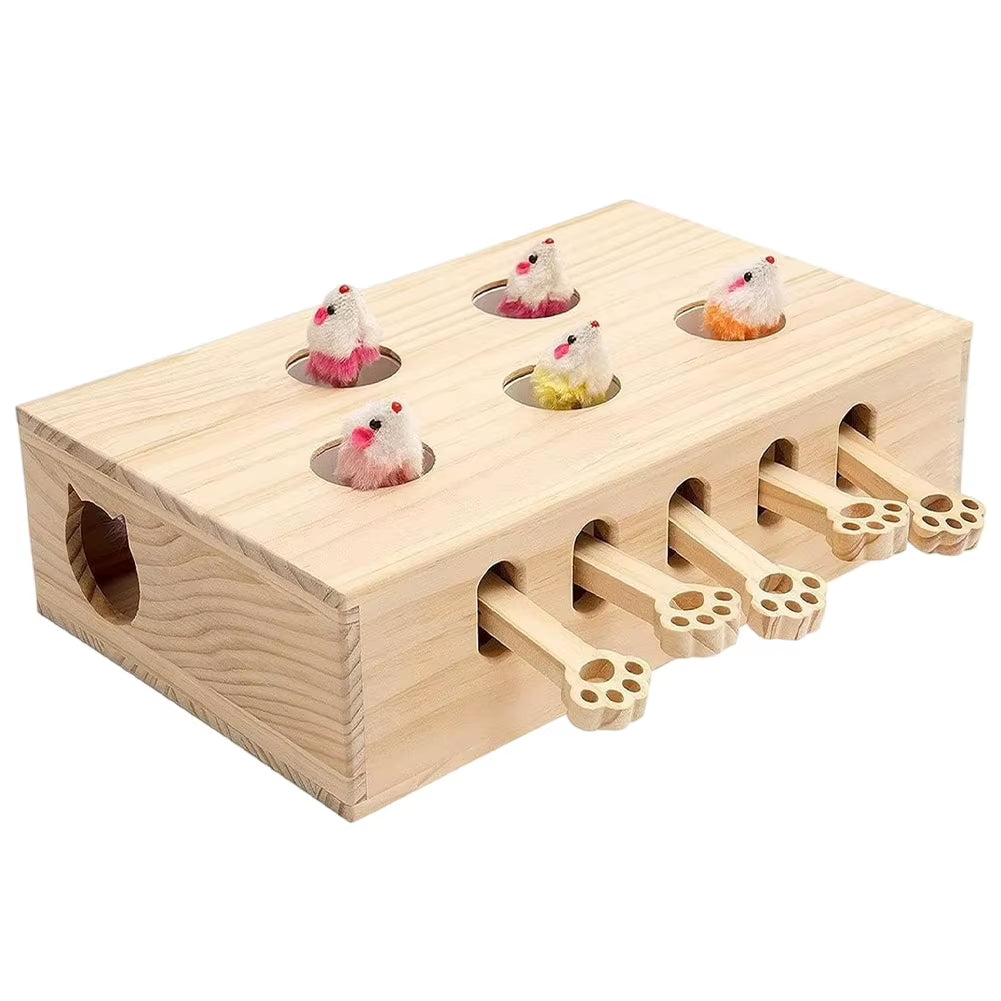 Cats Whack a Mole Game Cat Pop up Toy 3/5-Holed Whack a Mole Cat Toy Funny Solid Wood Cat Toy Interactive Pet Supplies