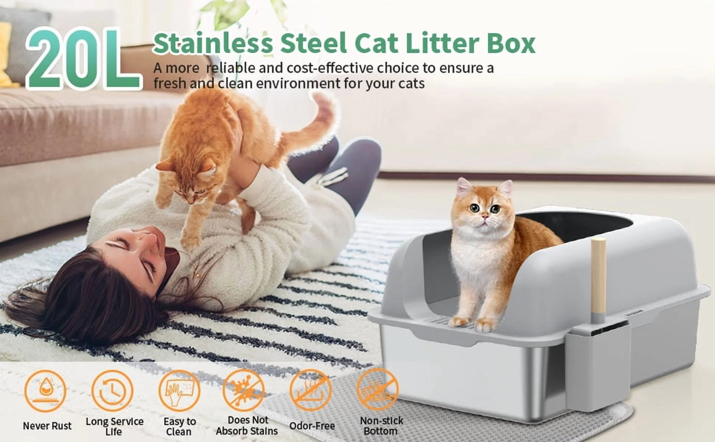 Stainless Steel Cat Litter Boxes with Lid High Wall Sides Enclosure for Small Mulit Big Cat