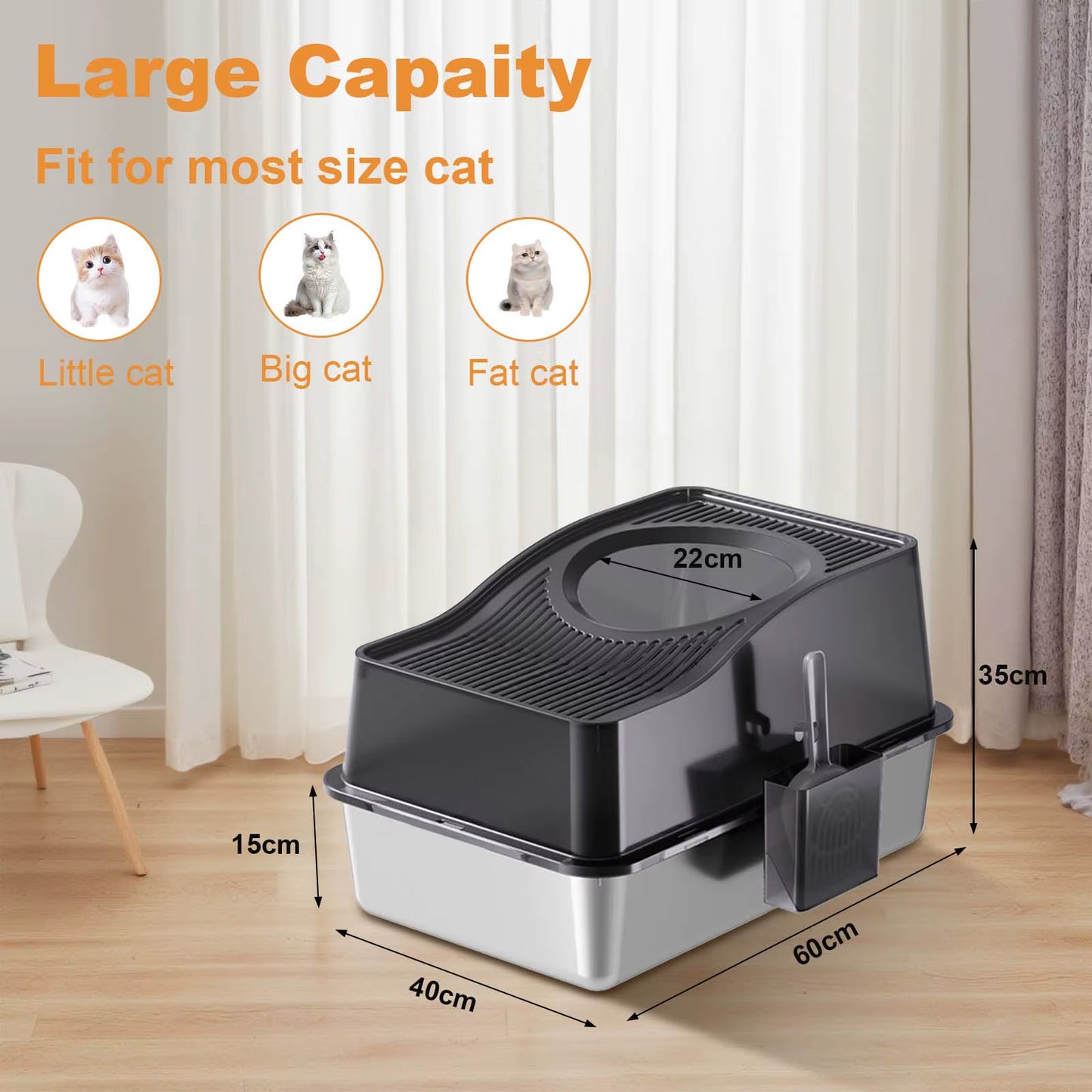 Stainless Steel Litter Box with Lid, Enclosed Litter Box with Cat Litter Mat and Scoop, Extra Large High Sided Cat Litter Trays