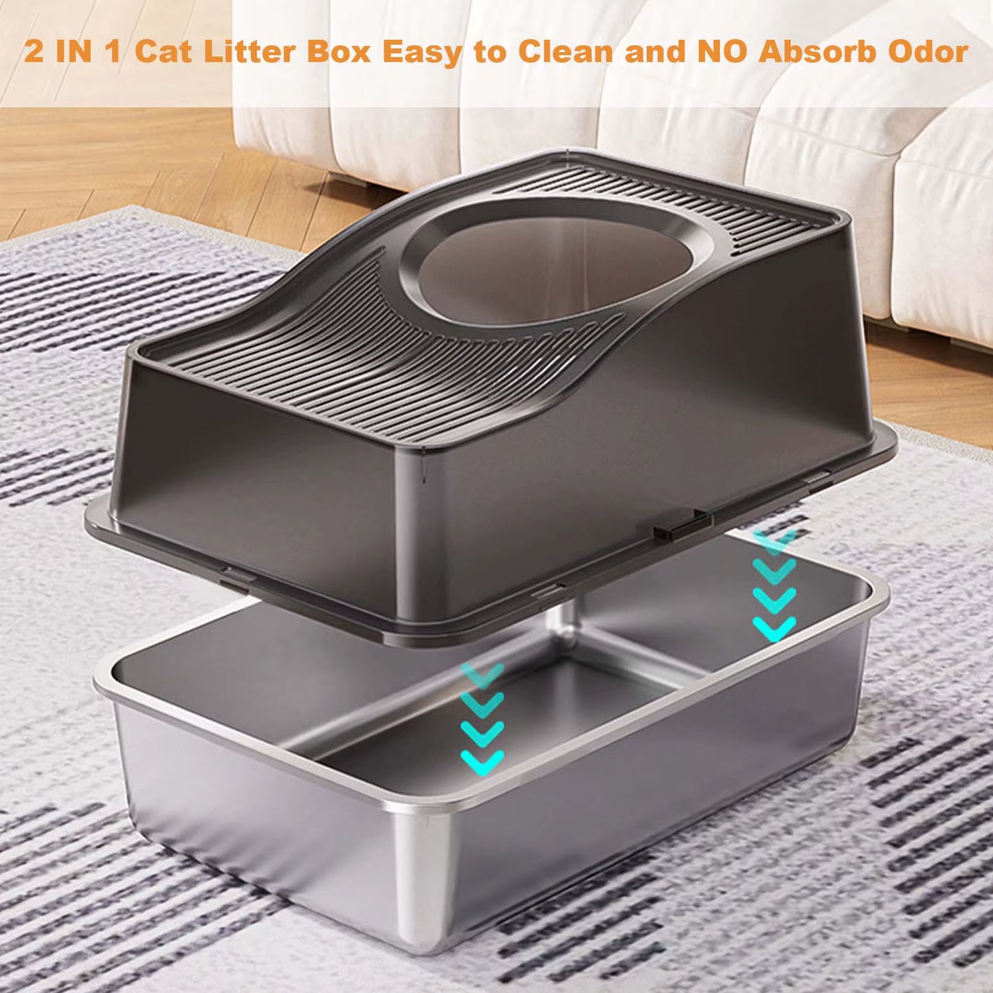 Stainless Steel Litter Box with Lid, Enclosed Litter Box with Cat Litter Mat and Scoop, Extra Large High Sided Cat Litter Trays