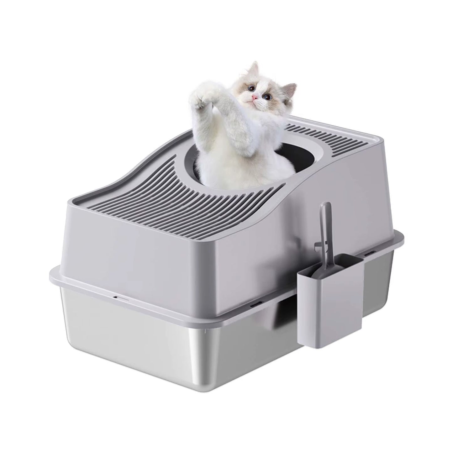 Stainless Steel Litter Box with Lid, Enclosed Litter Box with Cat Litter Mat and Scoop, Extra Large High Sided Cat Litter Trays