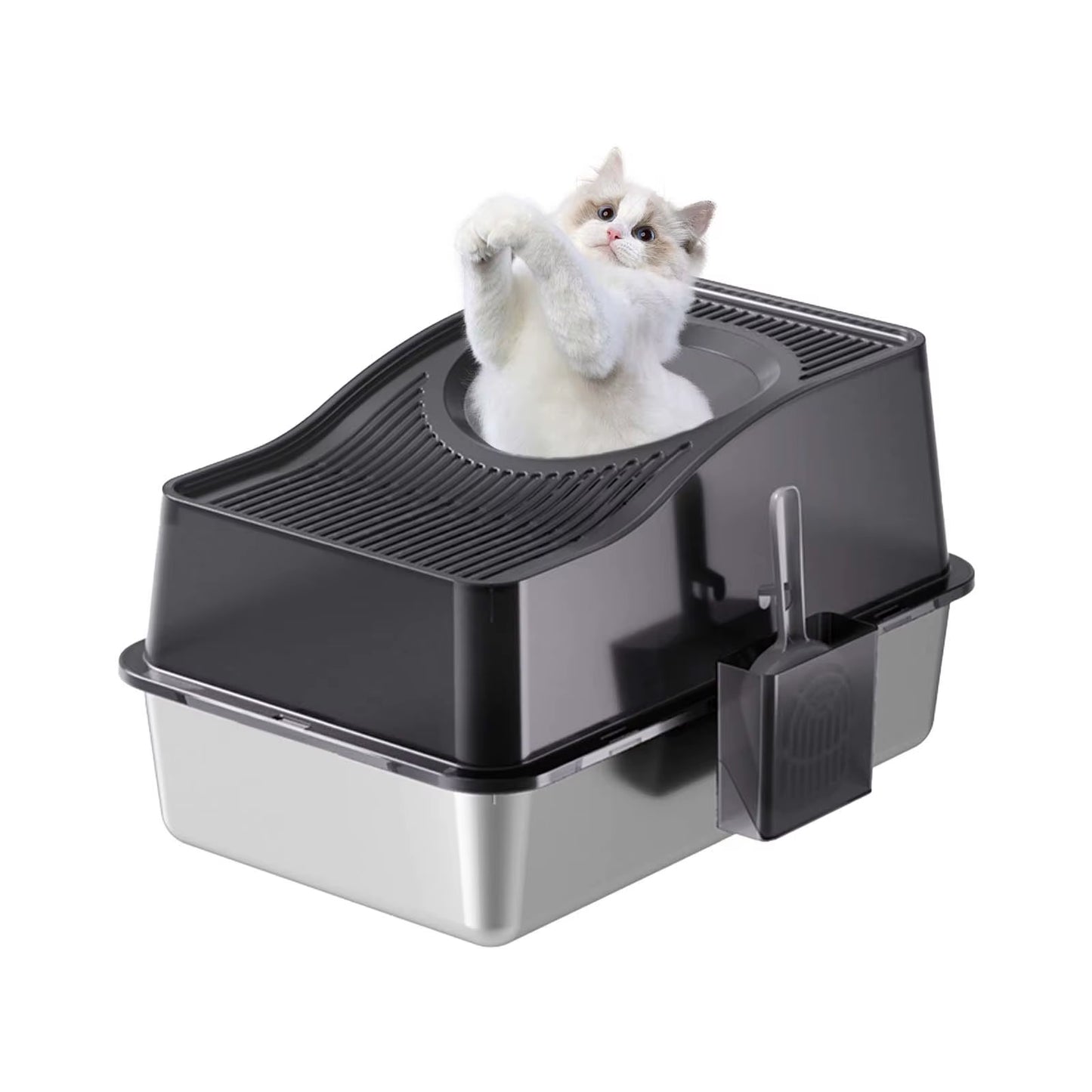 Stainless Steel Litter Box with Lid, Enclosed Litter Box with Cat Litter Mat and Scoop, Extra Large High Sided Cat Litter Trays