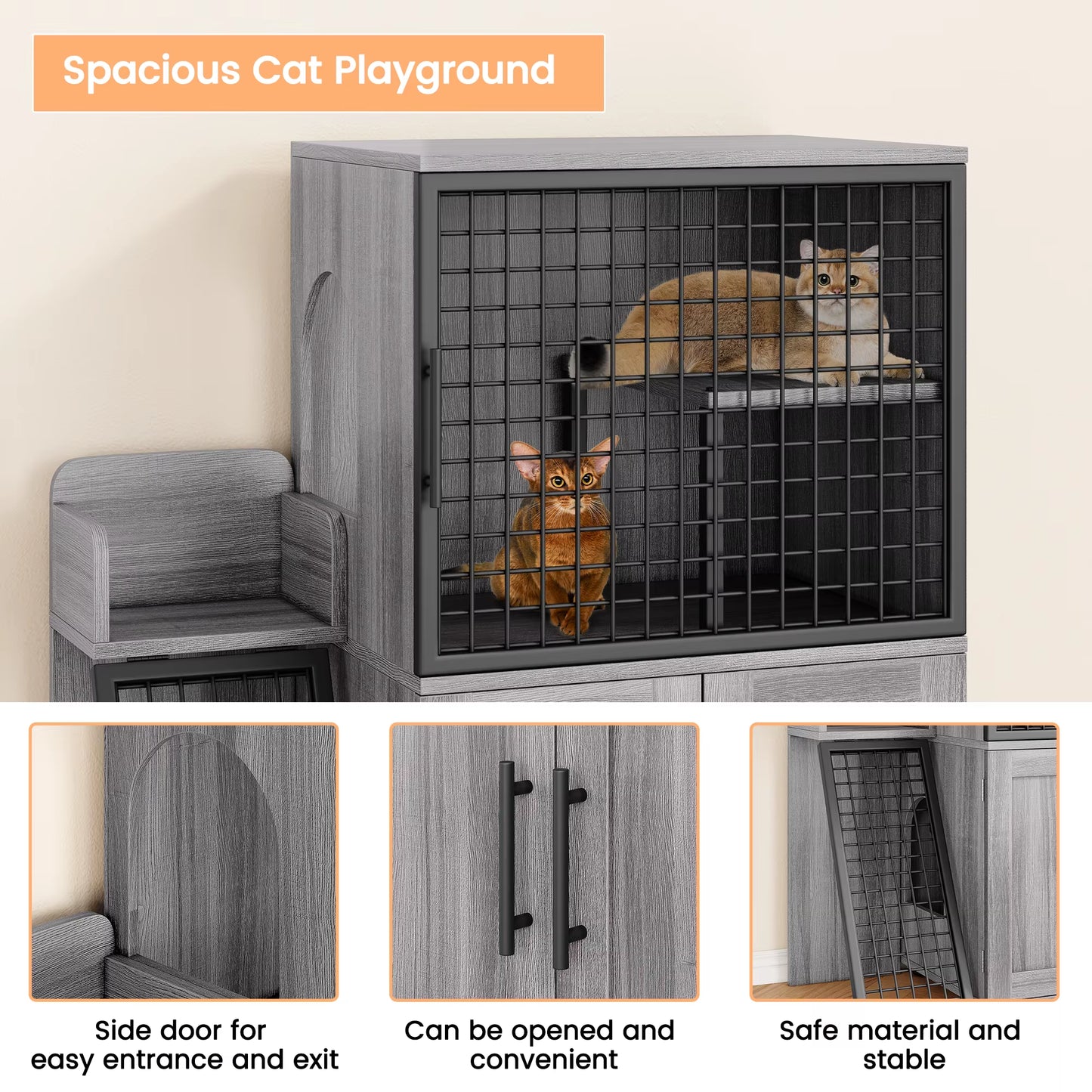 Cat Litter Box Enclosure with Platform, Double Layer Cat Litter Hidden Furniture, Modern Villa Cat Cabinet with Ladder for Cat