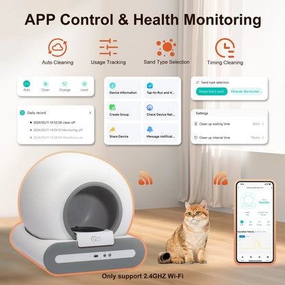 65L Self-Cleaning Cat Litter Box App Control, ONLY Supports 2.4G Wifi W/Litter Mat&Trash Bags, Fit for Tofu & Mixed Litter
