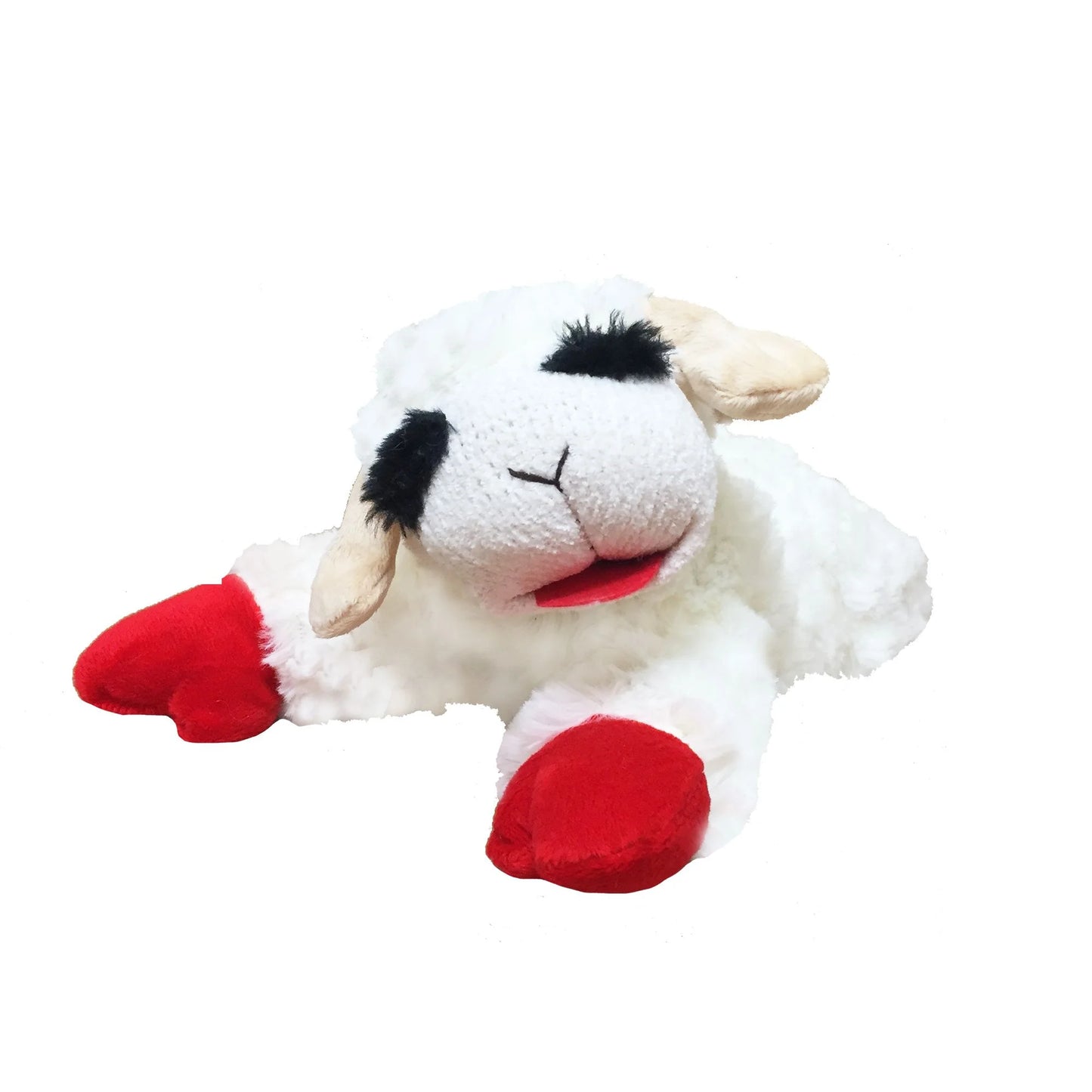 Plush Lamb Chop Squeaky Dog Toy, White with Red Paws, 10.5"