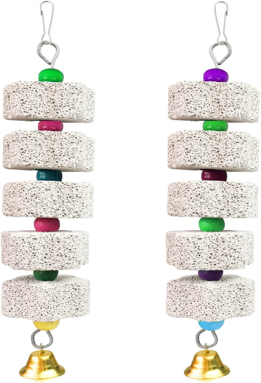 2Pcs Parrot Chewing Toy, Bird Beak Grinding Stone Toys with Bell, Lava Block Calcium Supplement Food for African Greys Amazon Conure Eclectus Budgies Parakeet Cockatiel Hamster Chinchilla