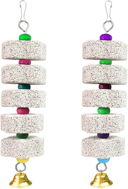 2Pcs Parrot Chewing Toy, Bird Beak Grinding Stone Toys with Bell, Lava Block Calcium Supplement Food for African Greys Amazon Conure Eclectus Budgies Parakeet Cockatiel Hamster Chinchilla
