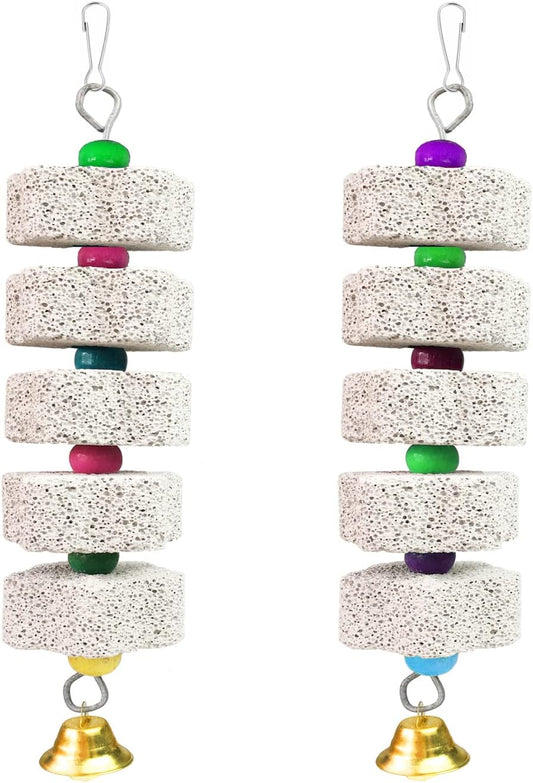 2Pcs Parrot Chewing Toy, Bird Beak Grinding Stone Toys with Bell, Lava Block Calcium Supplement Food for African Greys Amazon Conure Eclectus Budgies Parakeet Cockatiel Hamster Chinchilla