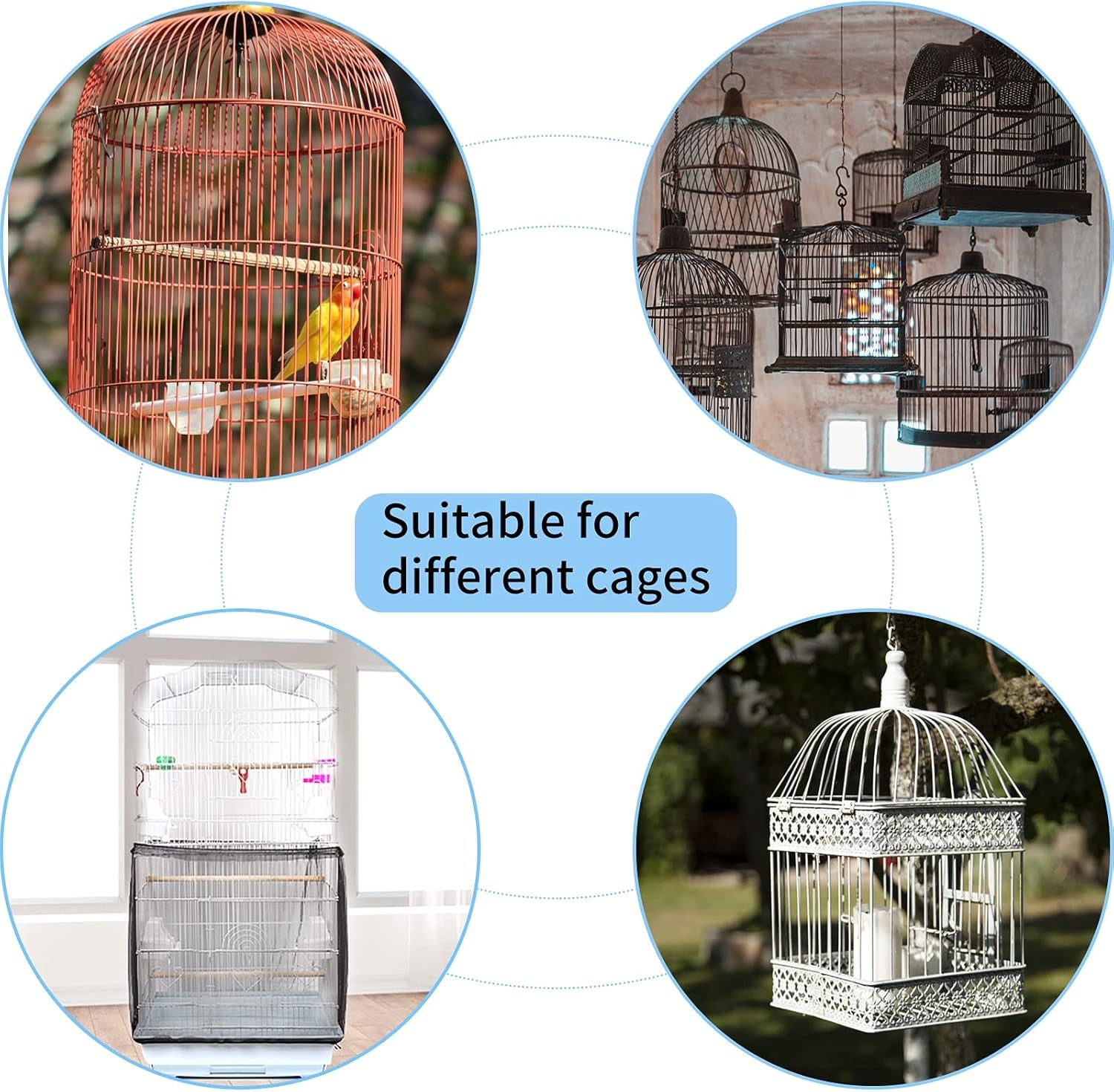 Universal Bird Cage Cover, Adjustable Parrot Nylon Airy Soft Mesh Net, Seed Feather Catcher, Birdcage Cover Skirt Sheer Guard for Parakeet Macaw round Square Cages (Black)