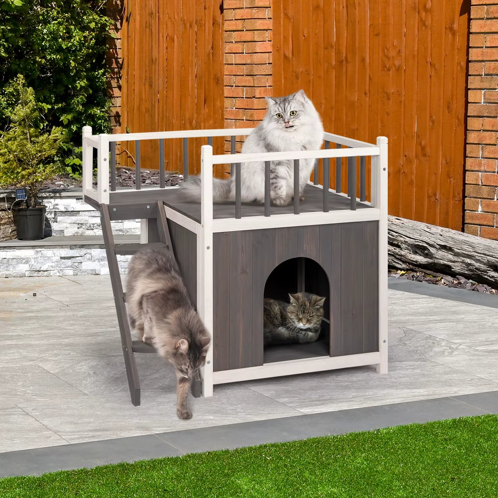 2-Story Wooden Feral Cat House Dog House for Outdoor and Indoor, Pet House with Stairs, Grey & White Large Cage Cat Villa Luxury
