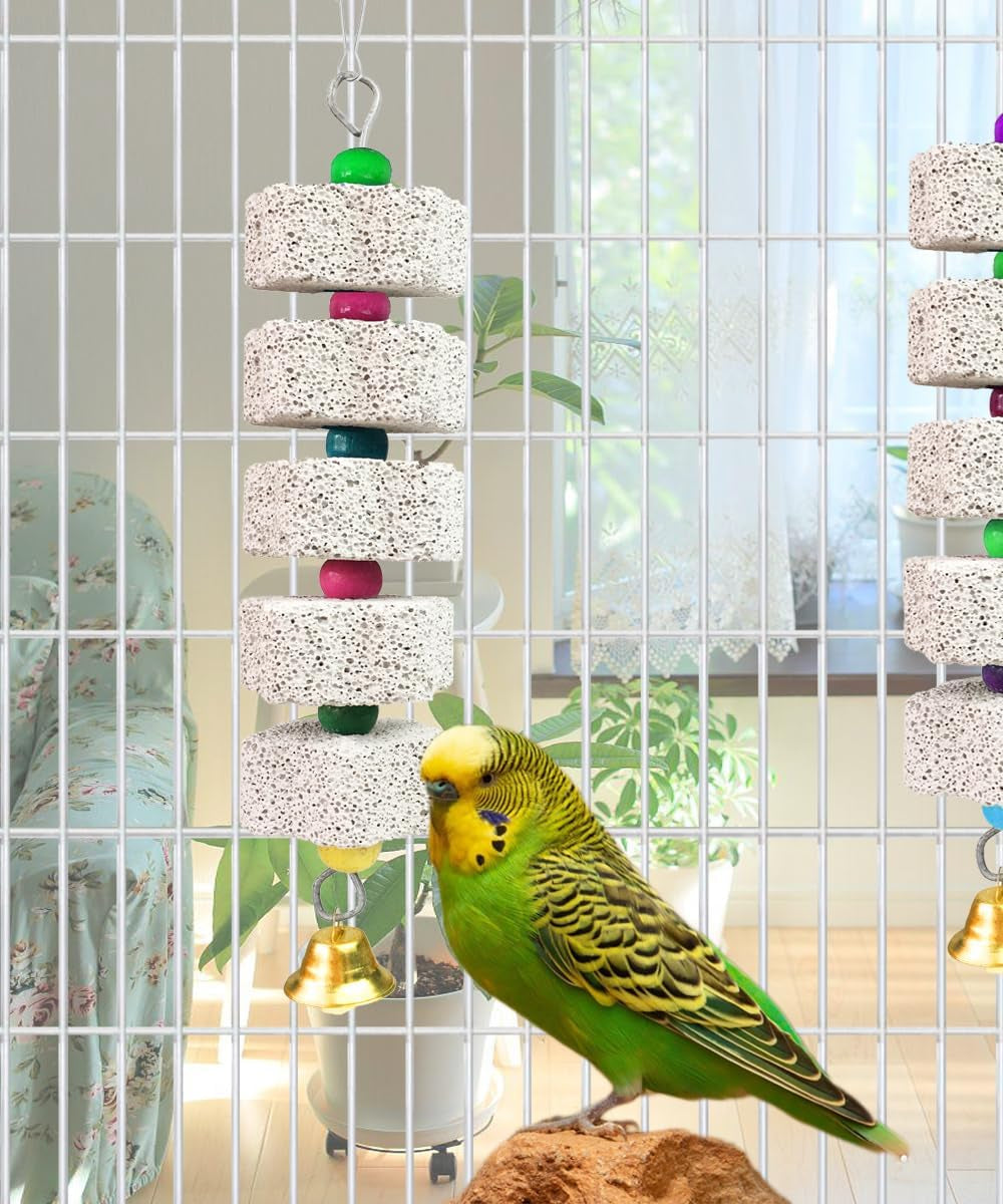 2Pcs Parrot Chewing Toy, Bird Beak Grinding Stone Toys with Bell, Lava Block Calcium Supplement Food for African Greys Amazon Conure Eclectus Budgies Parakeet Cockatiel Hamster Chinchilla