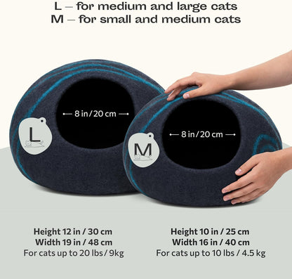 Cat Cave – Premium Felt Cat Bed for Indoor Cats, Handmade 100% Merino Wool (Large, Black Aqua)