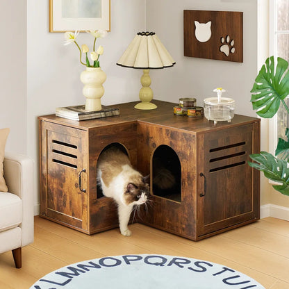 Farmhouse Corner Cat Double Litter Box & Litter Box Cabinet with Double Room & Indoor Cat House End Table & Hidden Cat Litter Box