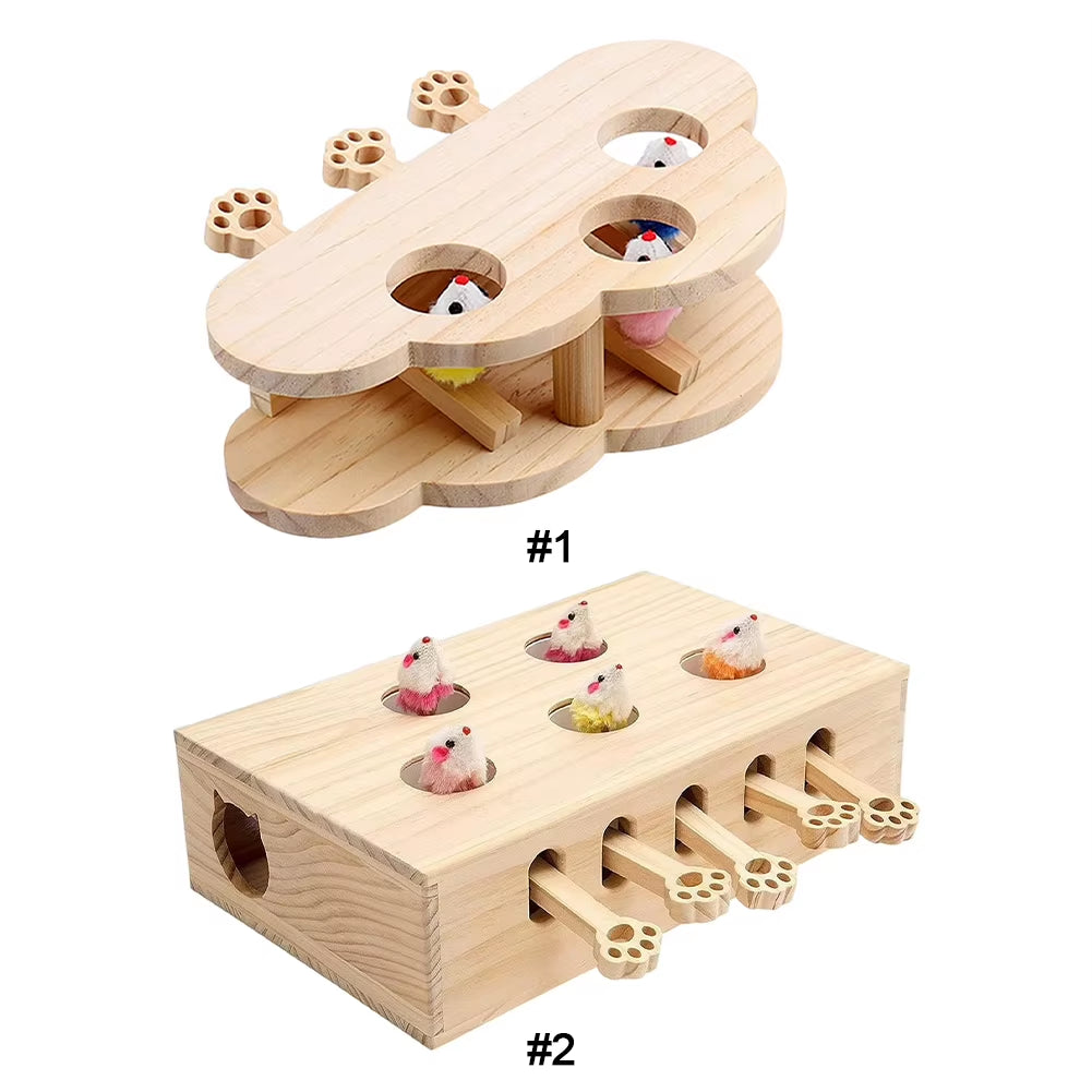Cats Whack a Mole Game Cat Pop up Toy 3/5-Holed Whack a Mole Cat Toy Funny Solid Wood Cat Toy Interactive Pet Supplies
