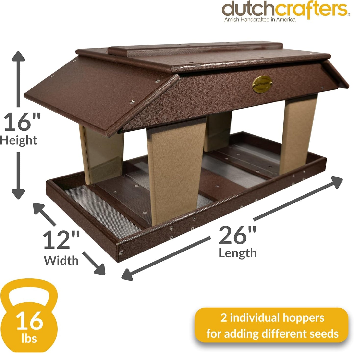Poly Post Mount Extra Large Double Hopper Bird Feeder, Outdoor Wild Bird Feeder for Outside, USA Amish Made (Brown & Weatherwood)