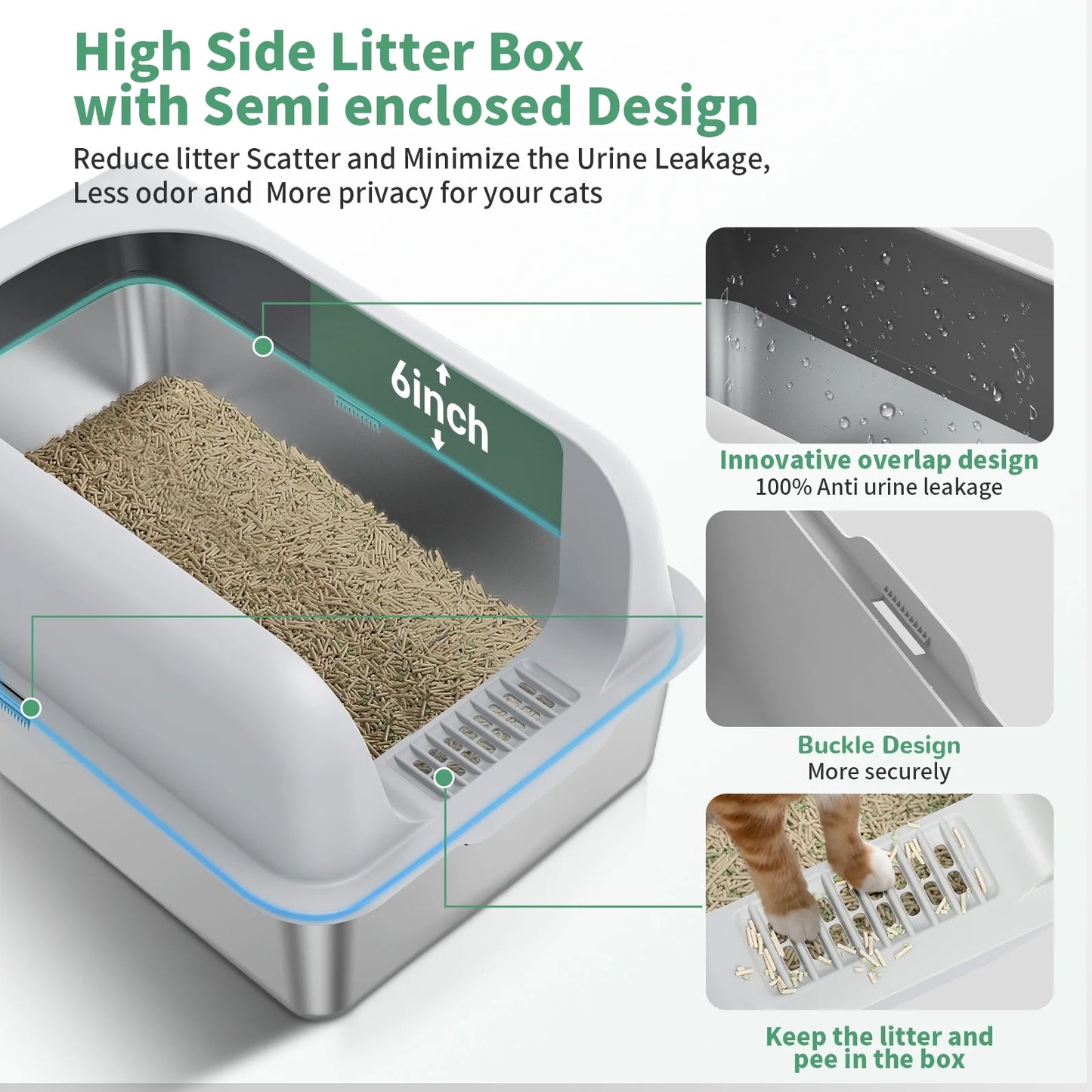 Stainless Steel Cat Litter Boxes with Lid High Wall Sides Enclosure for Small Mulit Big Cat