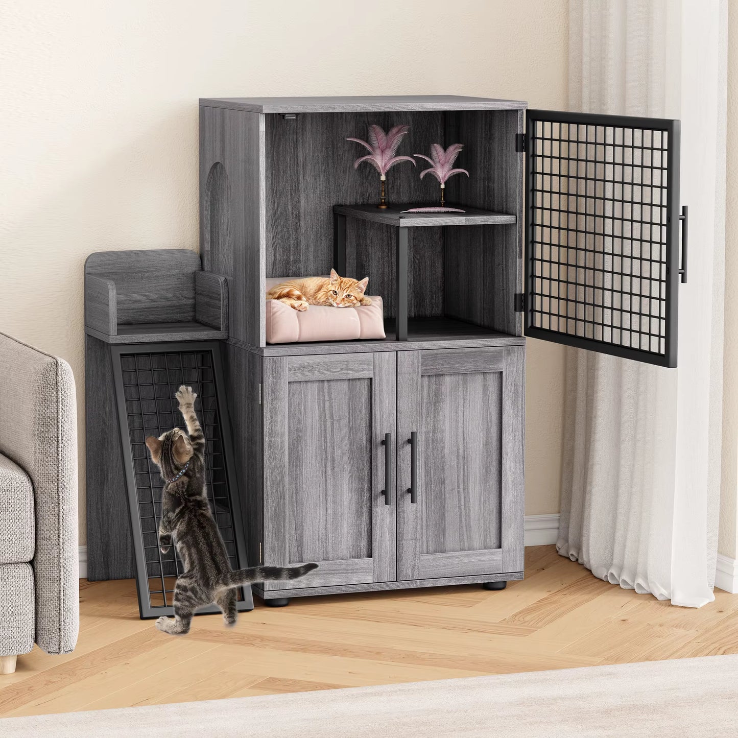 Cat Litter Box Enclosure with Platform, Double Layer Cat Litter Hidden Furniture, Modern Villa Cat Cabinet with Ladder for Cat