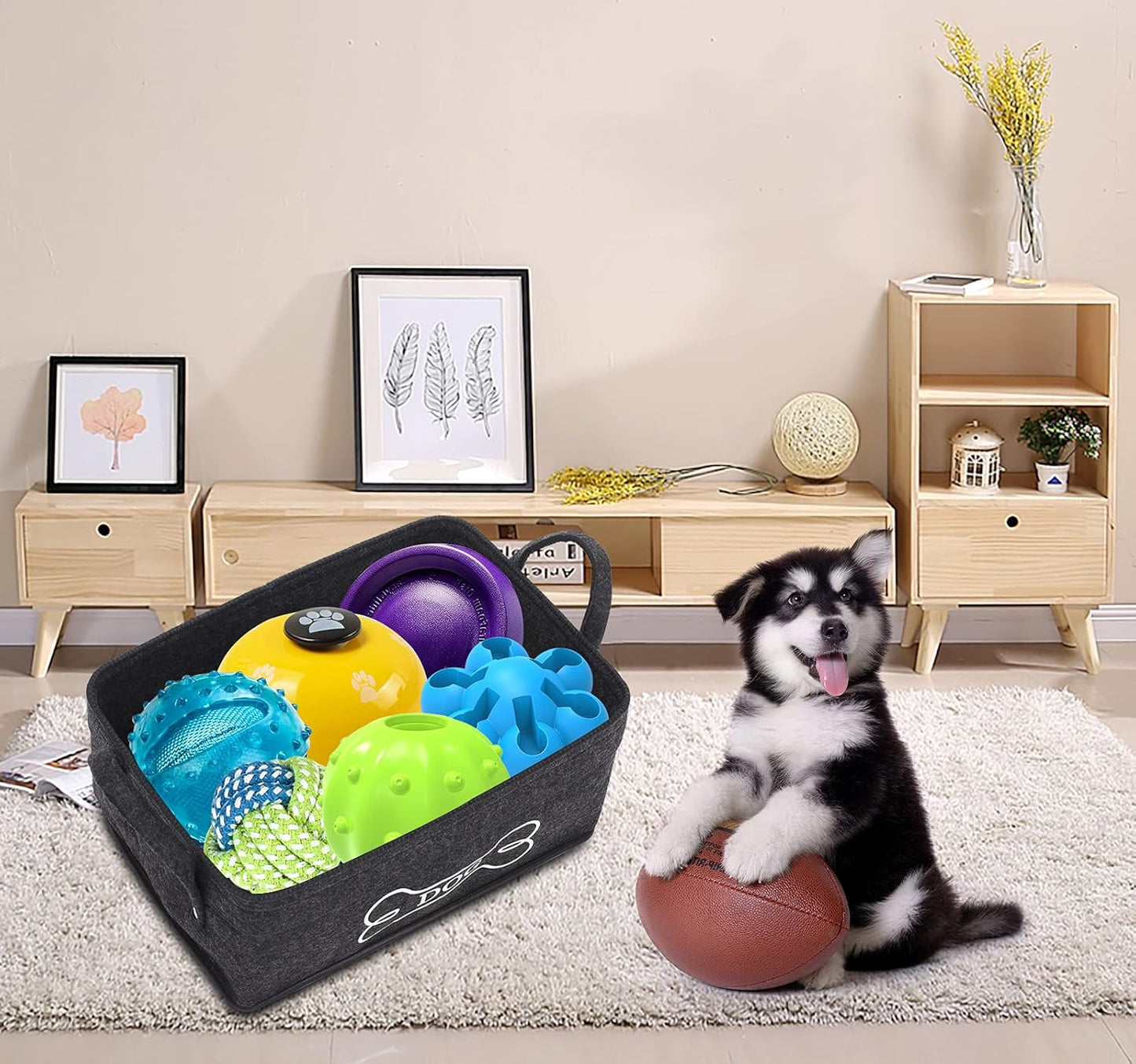 Dog Toy Basket Storage Dog Toy Bin in Felt Pet Toy Boxes Organizer - Perfect for Collecting Pet Toys, Blankets Leashes Dry Food Treats Bone - Dark Gray