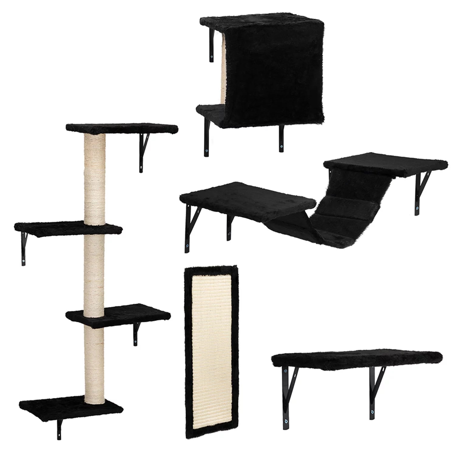 Cat Wall Shelves and Perches Set, Cat Tower for Adult Cats Mounted Cat Tree House for Indoor Cats Modern Furniture for Cat Sleeping Playing Lounging Climbing Cat Tree for Large, Black
