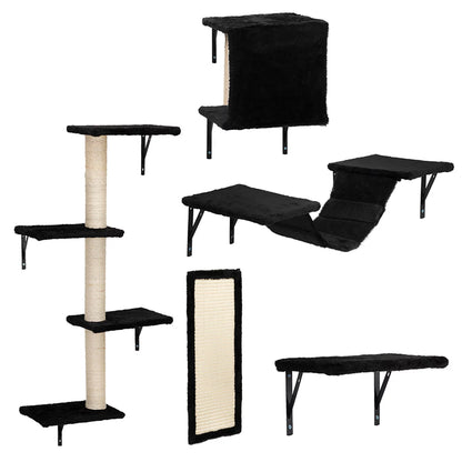 Cat Wall Shelves and Perches Set, Cat Tower for Adult Cats Mounted Cat Tree House for Indoor Cats Modern Furniture for Cat Sleeping Playing Lounging Climbing Cat Tree for Large, Black