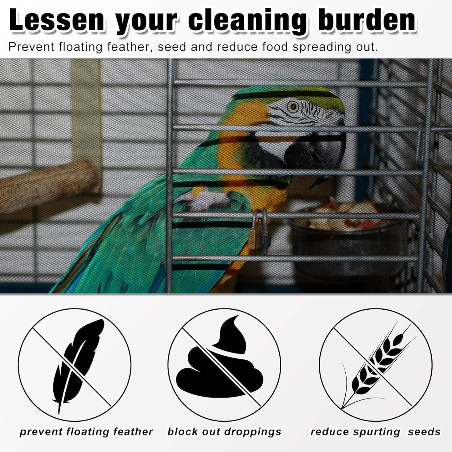 2 Pieces Adjustable Bird Cage Seed Catcher Birdcage Cover Nylon Mesh Netting Soft Skirt Guard for Parrot Parakeet Macaw round Square Cage(78 X 14.6 Inch in Circumference and Width,White, Black)