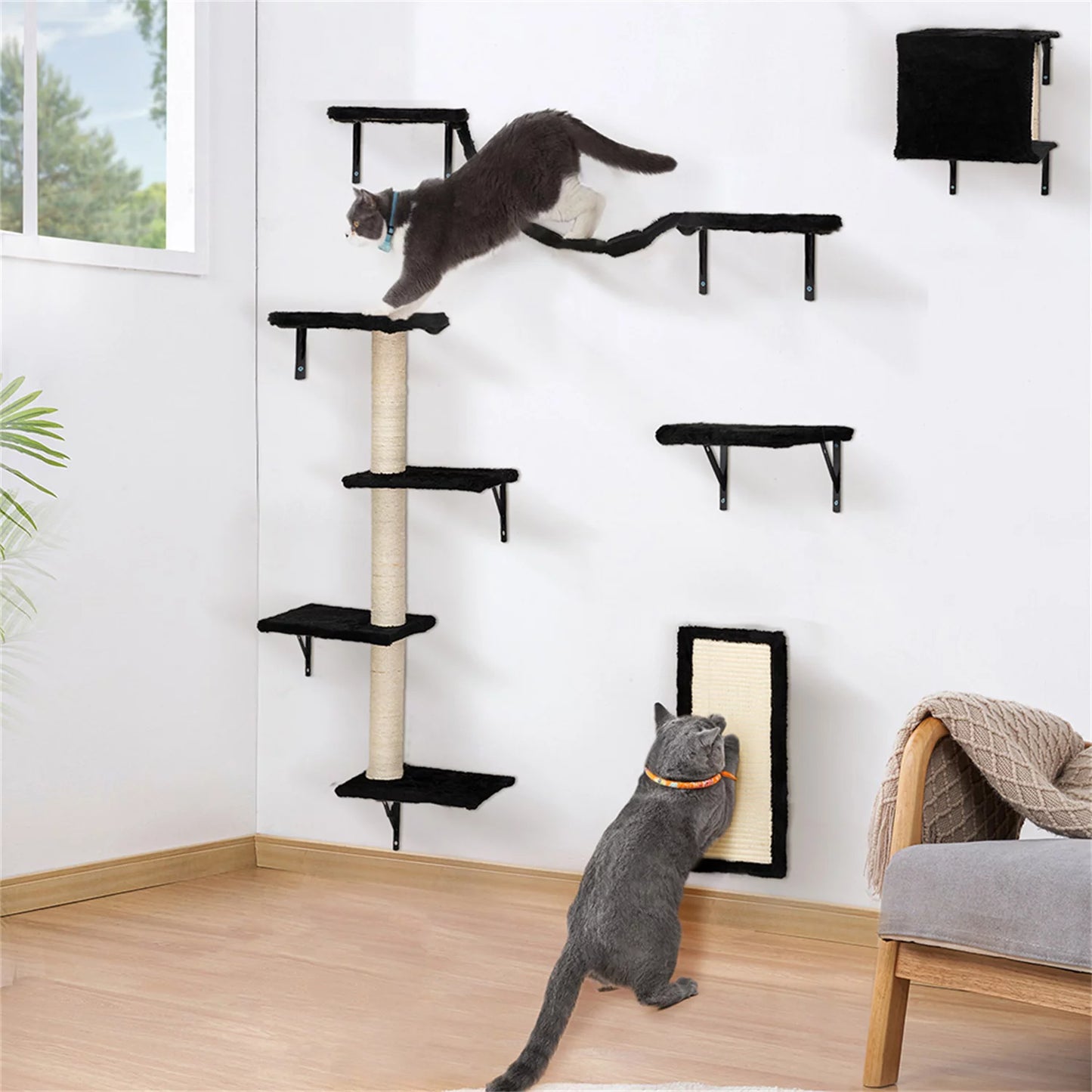 Cat Wall Shelves and Perches Set, Cat Tower for Adult Cats Mounted Cat Tree House for Indoor Cats Modern Furniture for Cat Sleeping Playing Lounging Climbing Cat Tree for Large, Black