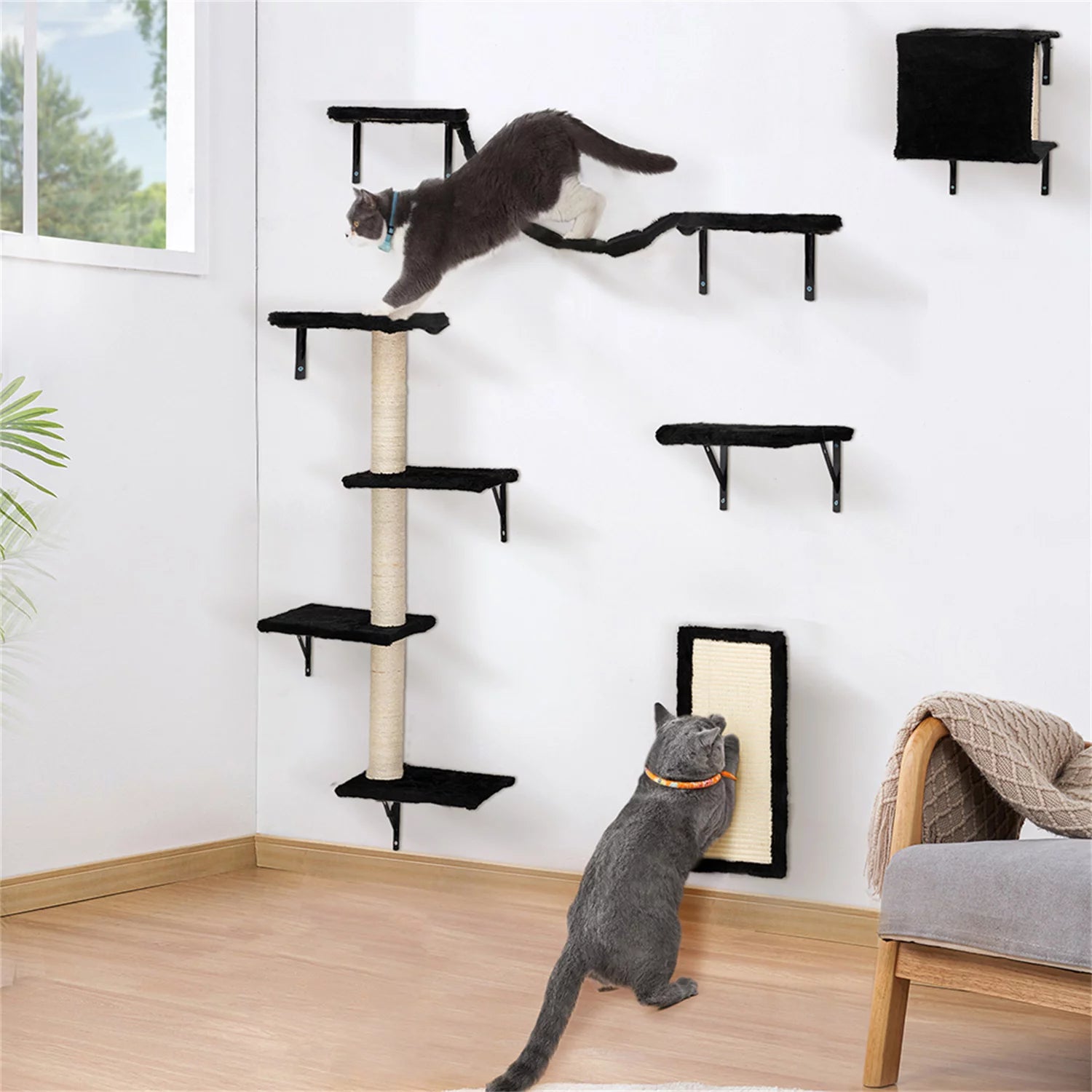 Cat Wall Shelves and Perches Set, Cat Tower for Adult Cats Mounted Cat Tree House for Indoor Cats Modern Furniture for Cat Sleeping Playing Lounging Climbing Cat Tree for Large, Black