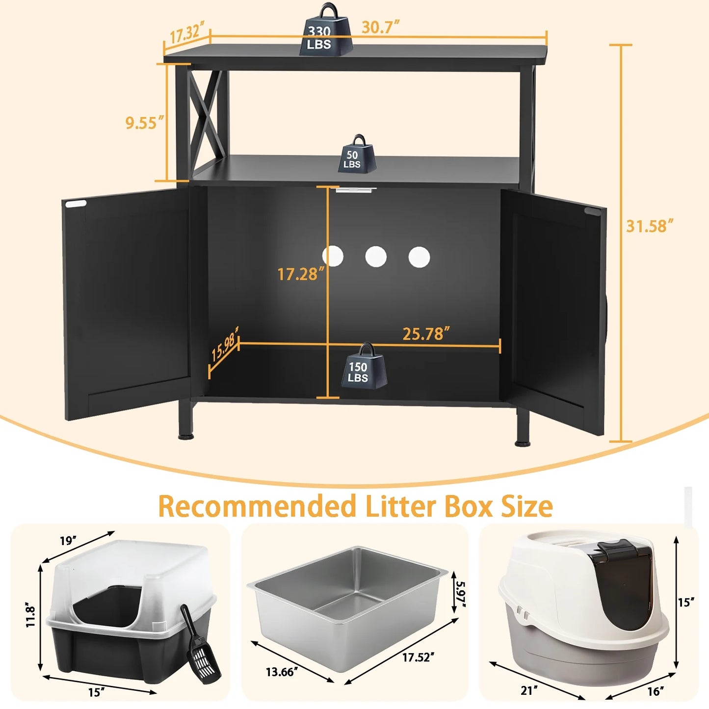 20-29 Gallon Fish Tank Stand, Aquarium Stand with Cat Litter Box Enclosure, Black