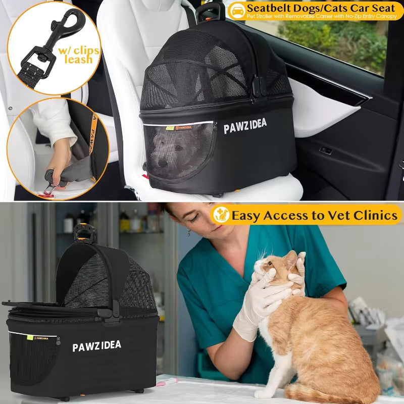 Pet Stroller 4 in 1, Dog Strollers for Small/Medium Dogs/Cats with Detachable Carrier No-Zip Canopy, Seatbelt Puppy Car