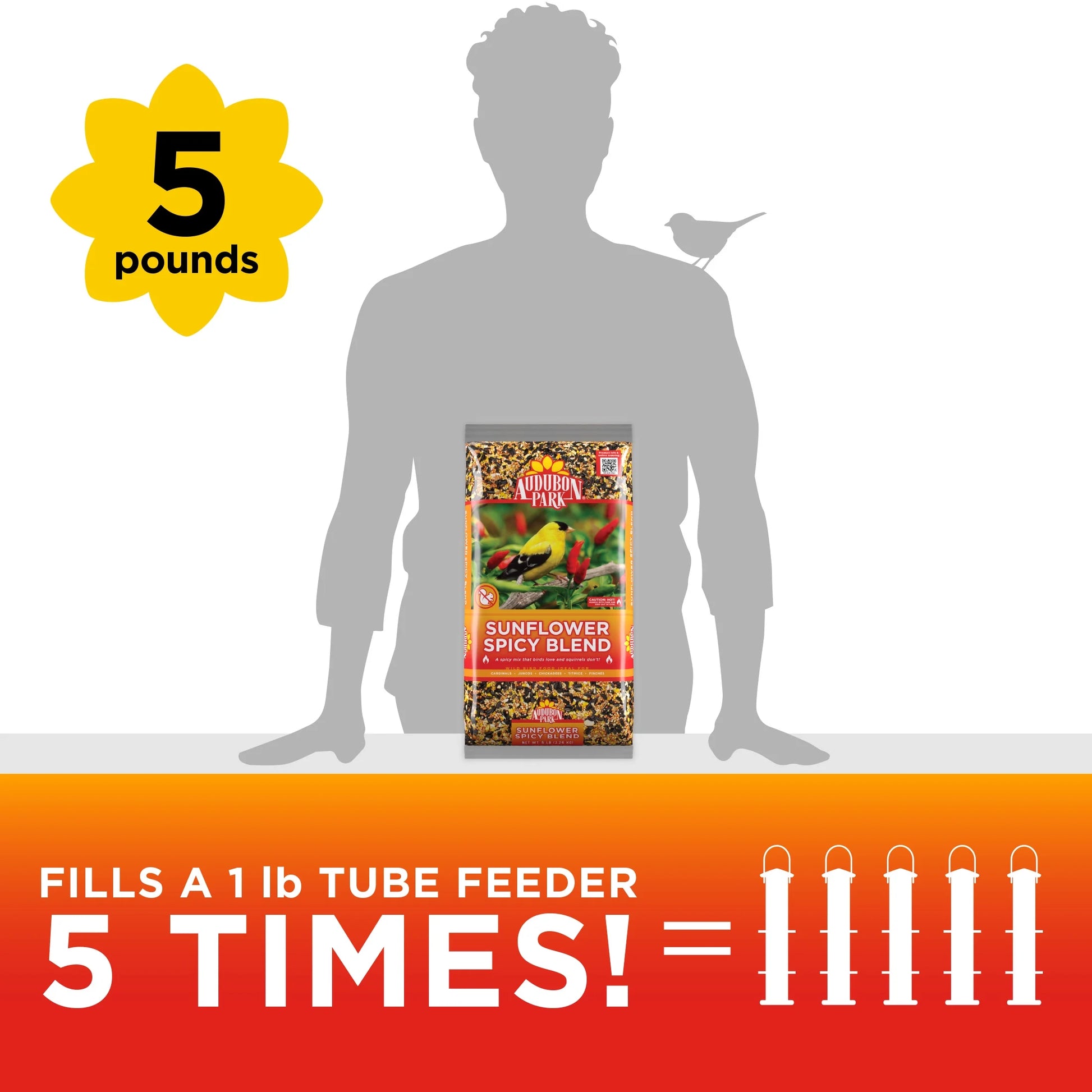 (5 Pack)  Sunflower Spicy Blend Wild Bird Food, Dry, 1 Count per Pack, 5 Lb. Bag