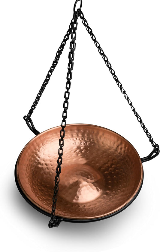 Pure Copper Hand Hammered Hanging Bird Bath and Feeder W/Iron Chain, 17-Inch Detachable Iron Chain Outdoor Birdbath and Birdfeeder for Garden Backyard Patio & Deck, Bird Water Feeder