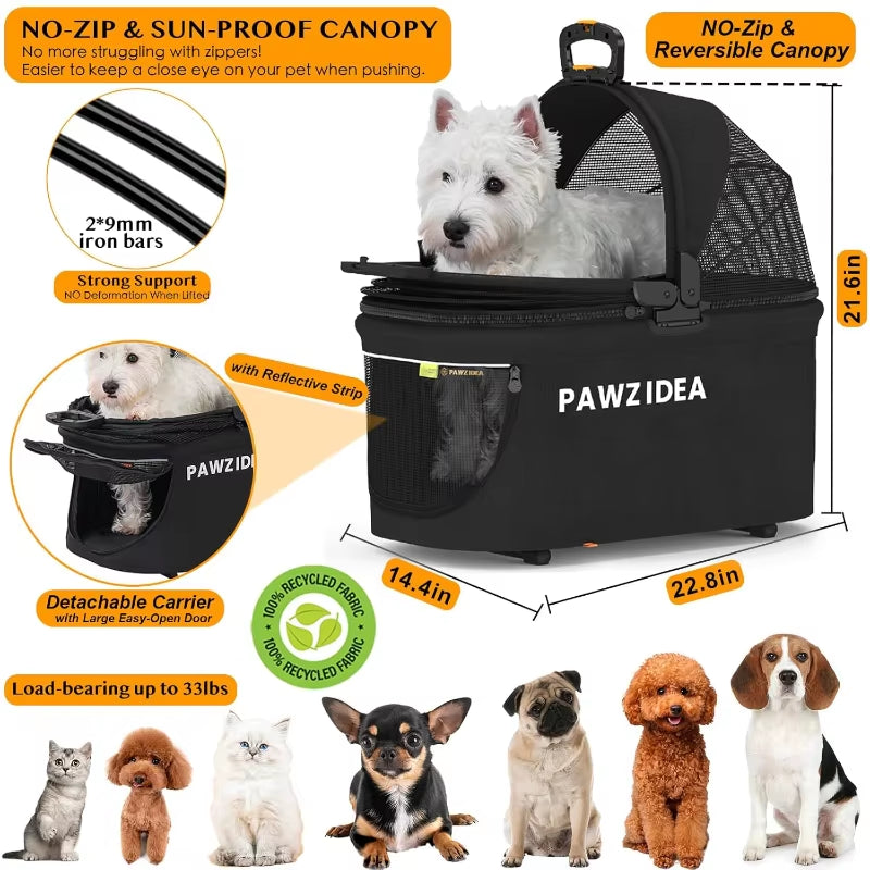 Pet Stroller 4 in 1, Dog Strollers for Small/Medium Dogs/Cats with Detachable Carrier No-Zip Canopy, Seatbelt Puppy Car
