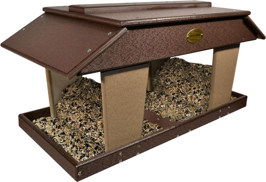 Poly Post Mount Extra Large Double Hopper Bird Feeder, Outdoor Wild Bird Feeder for Outside, USA Amish Made (Brown & Weatherwood)
