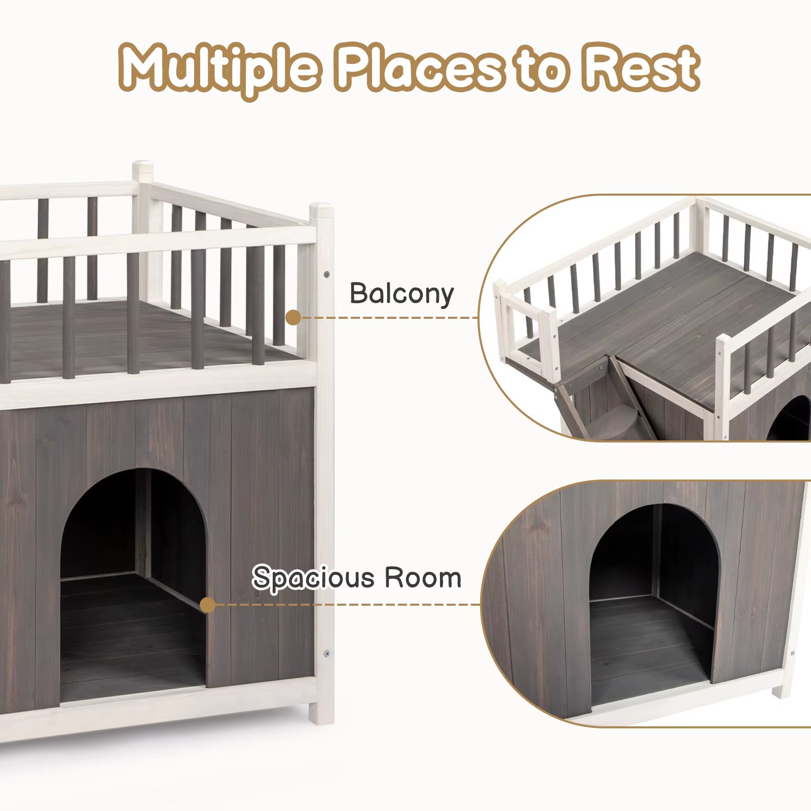 2-Story Wooden Feral Cat House Dog House for Outdoor and Indoor, Pet House with Stairs, Grey & White Large Cage Cat Villa Luxury