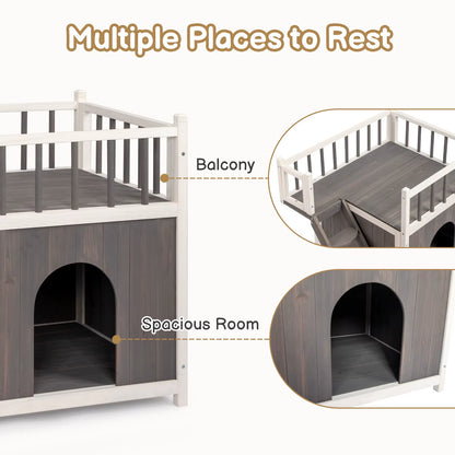 2-Story Wooden Feral Cat House Dog House for Outdoor and Indoor, Pet House with Stairs, Grey & White Large Cage Cat Villa Luxury