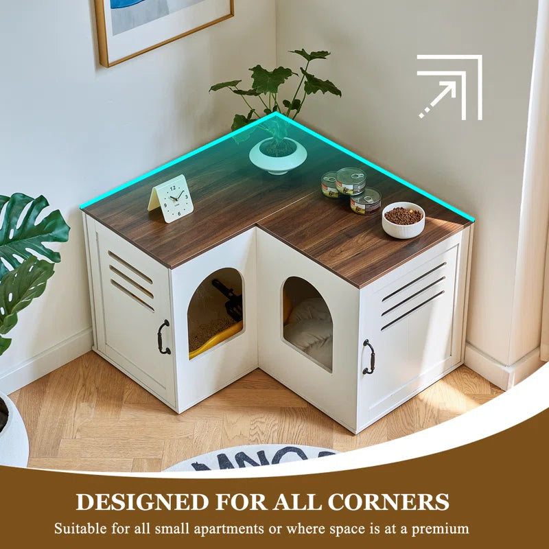 Farmhouse Corner Cat Double Litter Box & Litter Box Cabinet with Double Room & Indoor Cat House End Table & Hidden Cat Litter Box