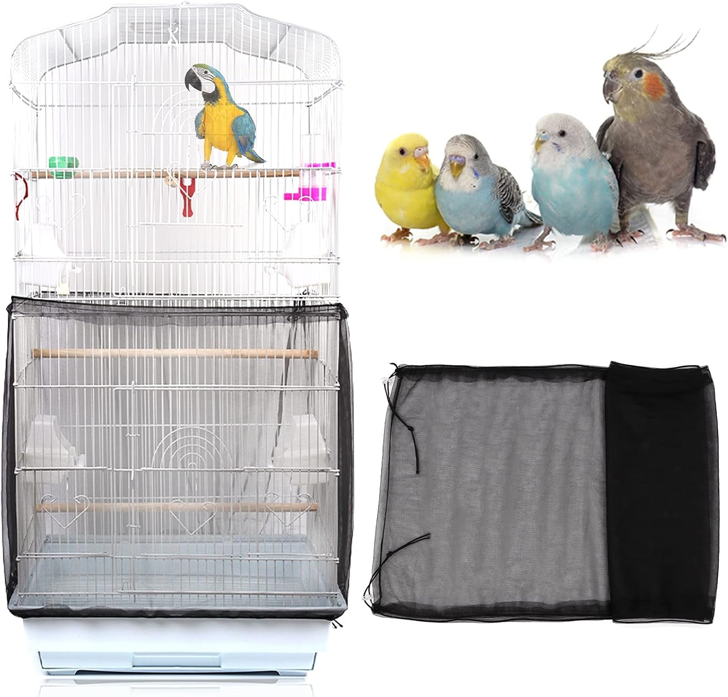 Universal Bird Cage Cover, Adjustable Parrot Nylon Airy Soft Mesh Net, Seed Feather Catcher, Birdcage Cover Skirt Sheer Guard for Parakeet Macaw round Square Cages (Black)