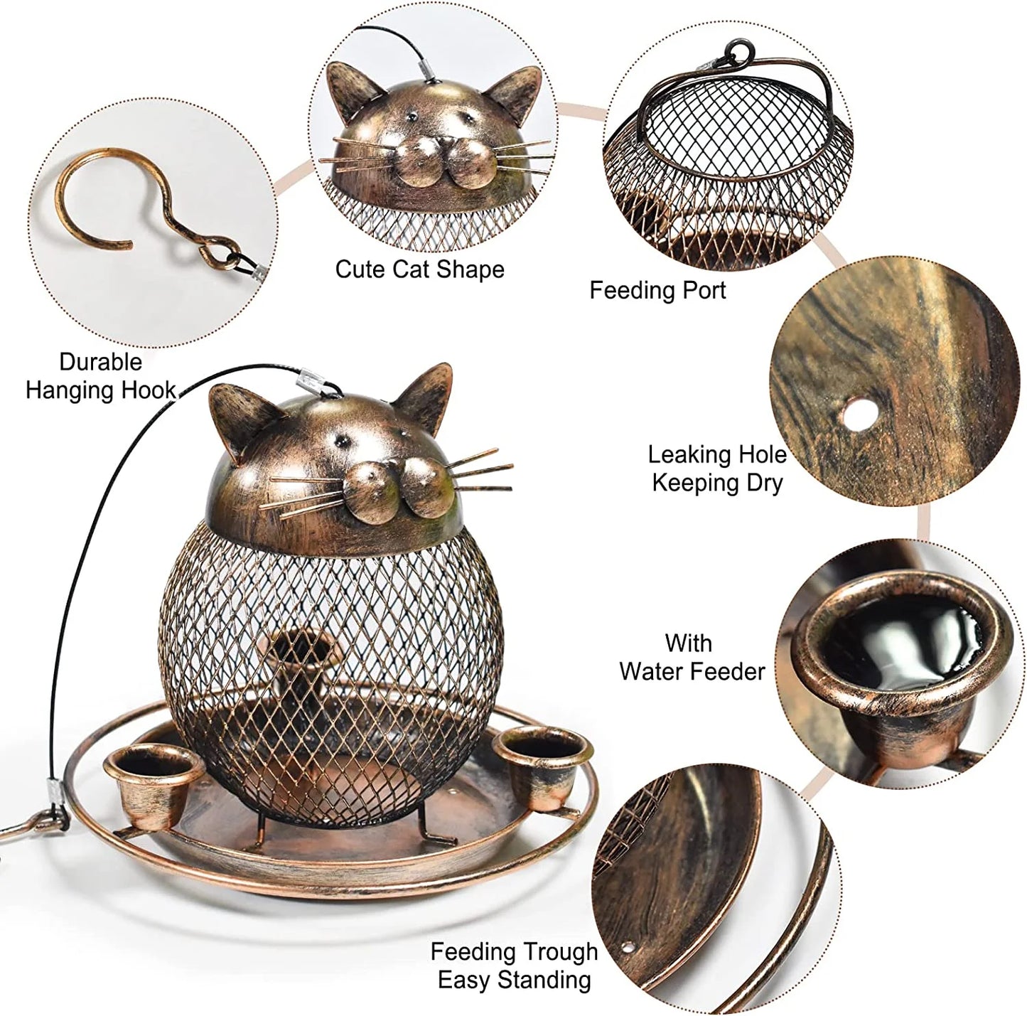 Squirrel Proof Bird Feeders, Upgraded Cute Cat Shaped Bird Feeder, Heavy Duty Copper Wild Bird Feeder with Hook for Outdoor Hanging, Garden Yard outside Decoration, 2Lbs Capacity